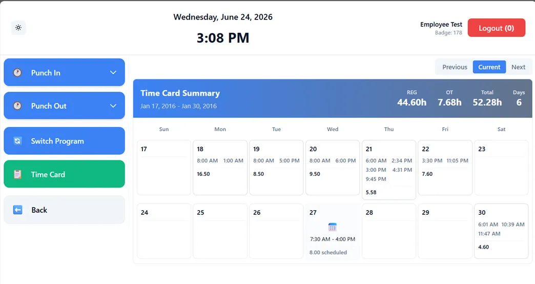 AOD Kiosk time card screen